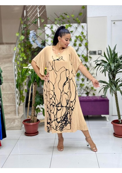 VL2110 Baskılı Yarım Kol Vual Elbise Camel