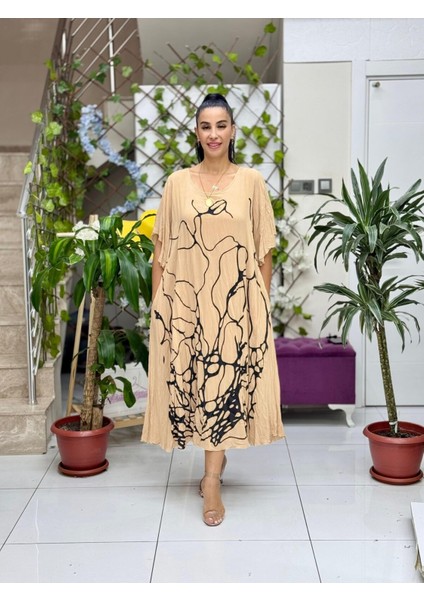 VL2110 Baskılı Yarım Kol Vual Elbise Camel modelleri