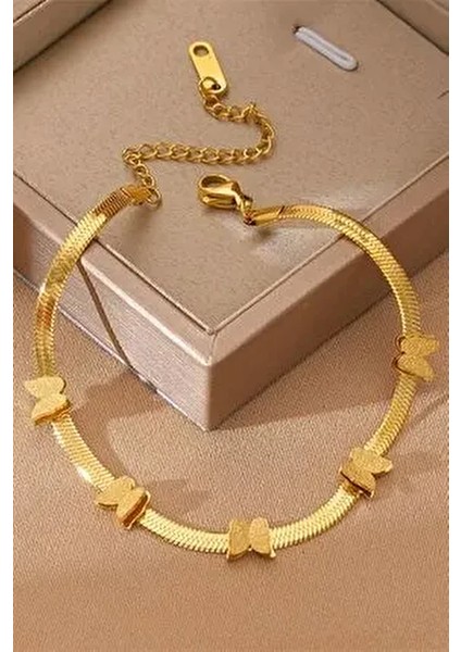 Zarif ve Şık Tasarım Ezme Italyan Zincirli Kelebek Stil Gold/altın Çelik Kadın Bileklik