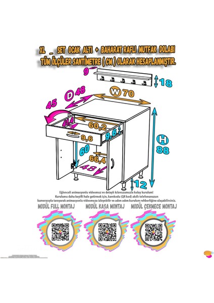 Doqu (Xl) Set Ocak Altı Dolap 70X88X48 Cm, Çekmeceli, Kapaklı, Tüp Bölmeli ve Baharat Raflı