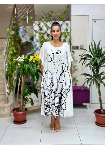 VL2110 Baskılı Yarım Kol Vual Elbise Beyaz modelleri