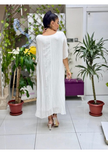VL2110 Baskılı Yarım Kol Vual Elbise Beyaz fırsatları