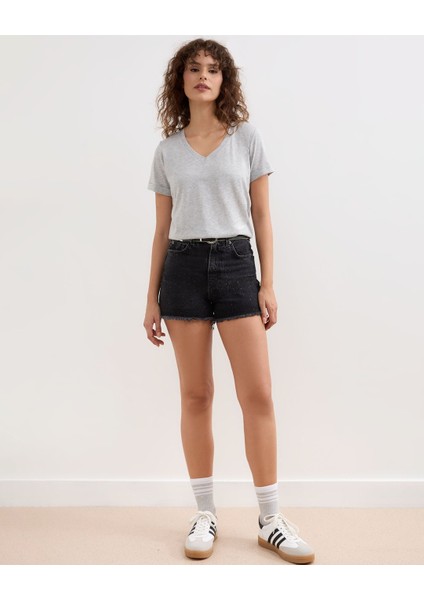 Krem Kadın V-Yaka Basic Tişört Örme Pamuk Penye T-Shirt