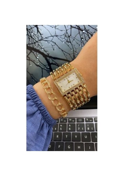 Kadın Kol Saati Bileklik Metal Gold Rengi Kaburga Model 1 ATM Suya Dayanıklı Dijital/Analog