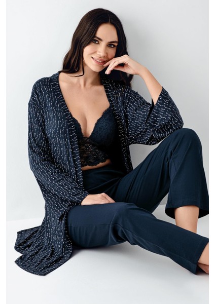 Kadın Lacivert 3'lü Pijama Takım, Düz Alt Pijama Desenli Sabahlık ve Bralet Takım %50 Pamuk %50 Modal