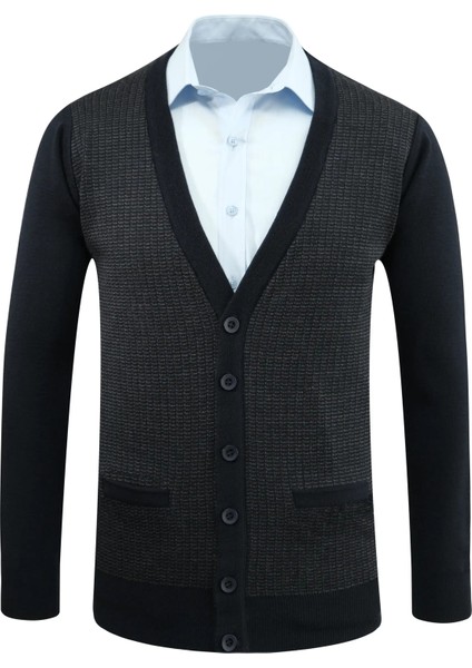 Erkek Düğmeli Hırka Cepli Desenli Çelik Örgü Klasik Kalıp - 5205M