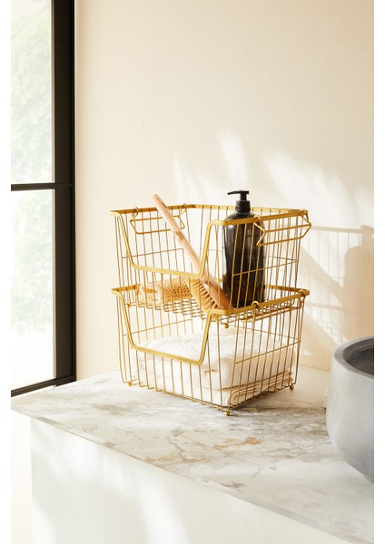 2'li Altın Renk Metal Sepet Set 33 x 27 x 20 cm