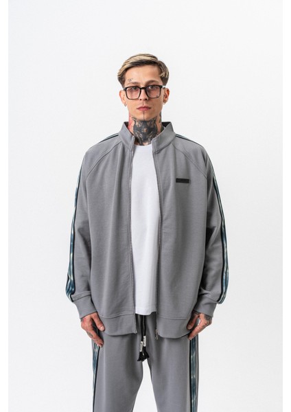 Erkek Dark Striped Şerit Detaylı Dik Yaka Doubleface Zip Oversize Sweatshirt Füme