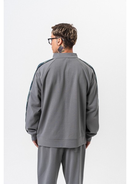 Erkek Dark Striped Şerit Detaylı Dik Yaka Doubleface Zip Oversize Sweatshirt Füme modelleri