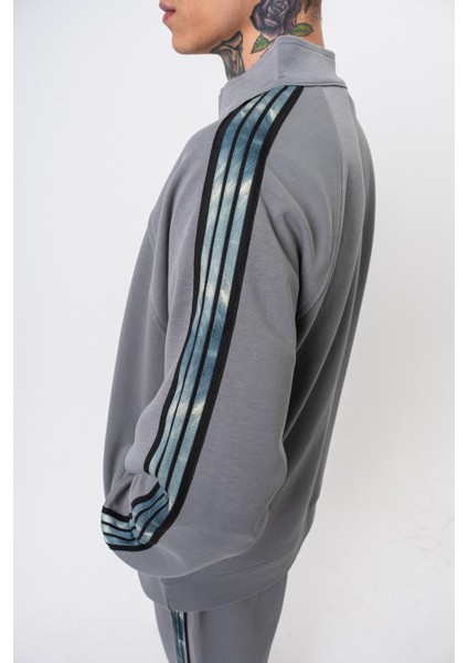Erkek Dark Striped Şerit Detaylı Dik Yaka Doubleface Zip Oversize Sweatshirt Füme fırsatları