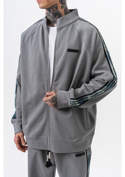 Erkek Dark Striped Şerit Detaylı Dik Yaka Doubleface Zip Oversize Sweatshirt Füme indirimleri