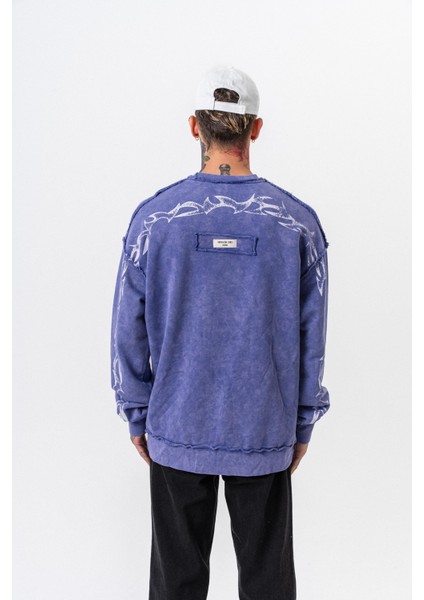 Erkek Origin Baskılı Yıkamalı Bisiklet Yaka Oversize Sweatshirt Mor