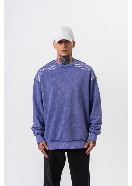 Erkek Origin Baskılı Yıkamalı Bisiklet Yaka Oversize Sweatshirt Mor fiyatları
