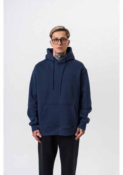 Erkek Respire Yazı Detaylı Kapüşonlu Basic Oversize Hoodie Lacivert