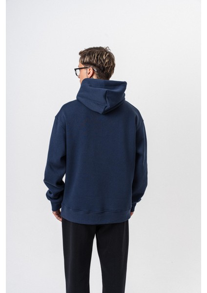 Erkek Respire Yazı Detaylı Kapüşonlu Basic Oversize Hoodie Lacivert modelleri