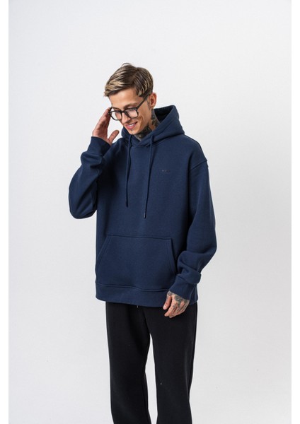 Erkek Respire Yazı Detaylı Kapüşonlu Basic Oversize Hoodie Lacivert fırsatları