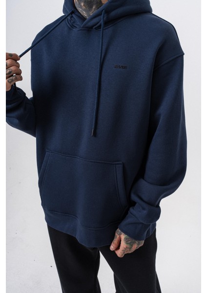 Erkek Respire Yazı Detaylı Kapüşonlu Basic Oversize Hoodie Lacivert indirimleri