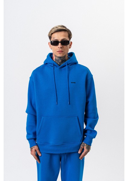 Erkek Respire Yazı Detaylı Kapüşonlu Basic Oversize Hoodie Mavi