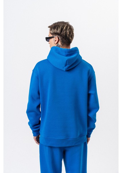 Erkek Respire Yazı Detaylı Kapüşonlu Basic Oversize Hoodie Mavi modelleri