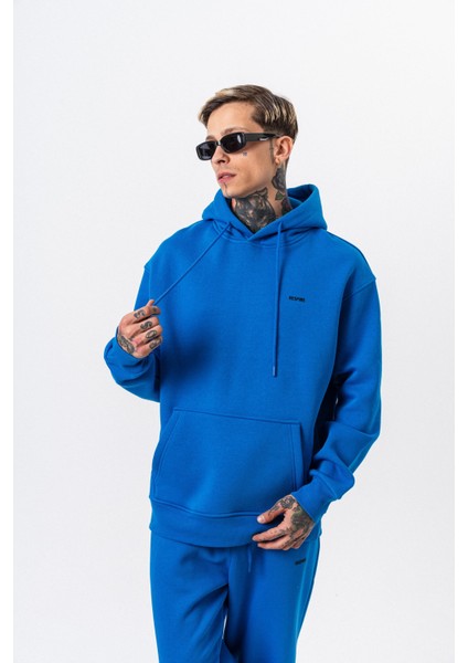 Erkek Respire Yazı Detaylı Kapüşonlu Basic Oversize Hoodie Mavi fırsatları