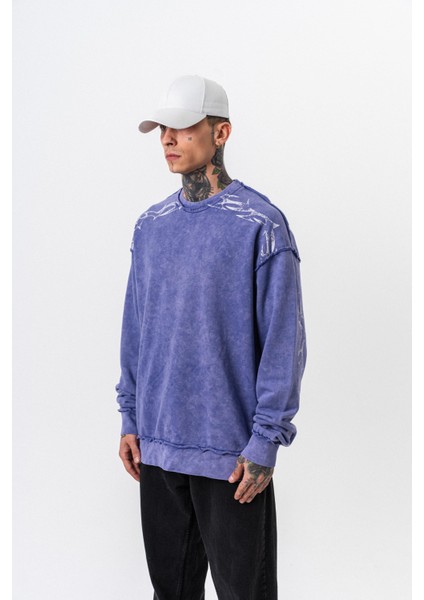 Erkek Origin Baskılı Yıkamalı Bisiklet Yaka Oversize Sweatshirt Mor modelleri