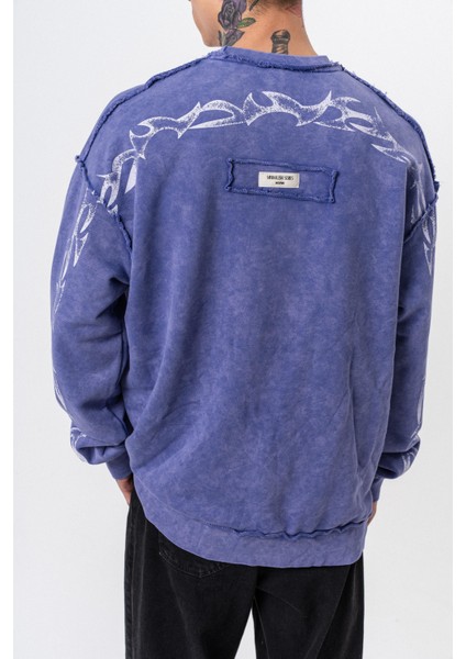 Erkek Origin Baskılı Yıkamalı Bisiklet Yaka Oversize Sweatshirt Mor fırsatları