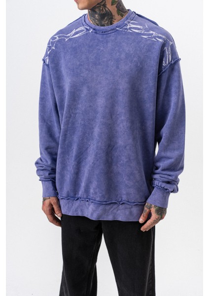 Erkek Origin Baskılı Yıkamalı Bisiklet Yaka Oversize Sweatshirt Mor indirimleri