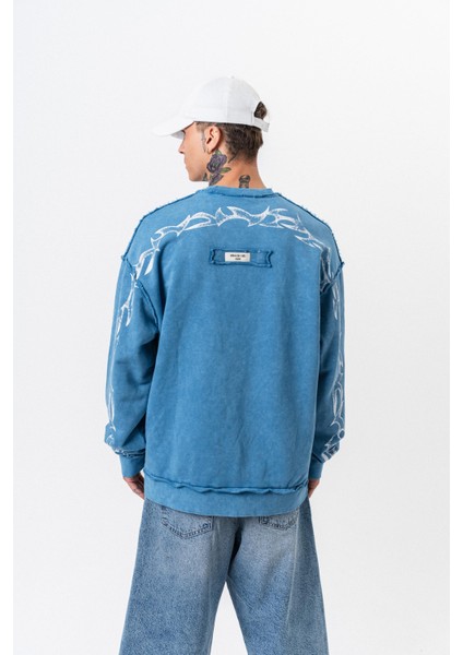 Erkek Origin Baskılı Yıkamalı Bisiklet Yaka Oversize Sweatshirt Bebe Mavi