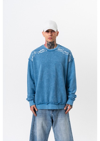 Erkek Origin Baskılı Yıkamalı Bisiklet Yaka Oversize Sweatshirt Bebe Mavi fiyatları