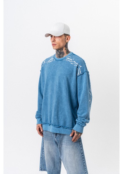 Erkek Origin Baskılı Yıkamalı Bisiklet Yaka Oversize Sweatshirt Bebe Mavi modelleri