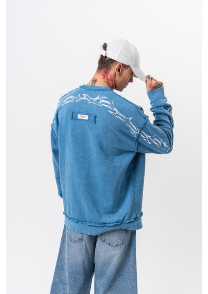 Erkek Origin Baskılı Yıkamalı Bisiklet Yaka Oversize Sweatshirt Bebe Mavi fırsatları