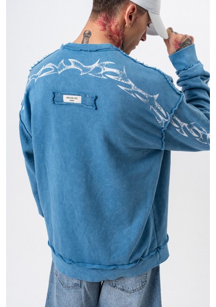 Erkek Origin Baskılı Yıkamalı Bisiklet Yaka Oversize Sweatshirt Bebe Mavi indirimleri