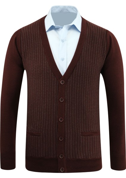 Erkek Düğmeli Hırka Cepli Desenli Çelik Örgü Klasik Kalıp - 5212M