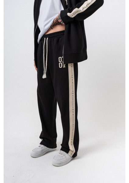 Erkek 7 Şerit Detaylı Kışlık Doubleface Baggy Eşofman Altı Siyah