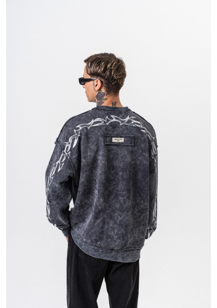 Erkek Origin Baskılı Yıkamalı Bisiklet Yaka Oversize Sweatshirt Siyah