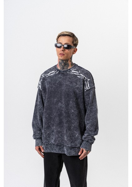 Erkek Origin Baskılı Yıkamalı Bisiklet Yaka Oversize Sweatshirt Siyah fiyatları