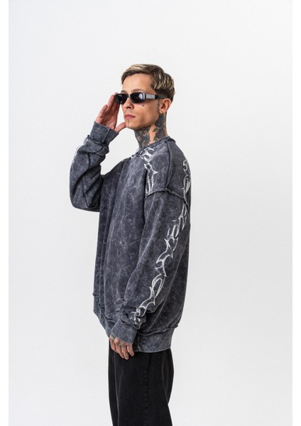 Erkek Origin Baskılı Yıkamalı Bisiklet Yaka Oversize Sweatshirt Siyah modelleri