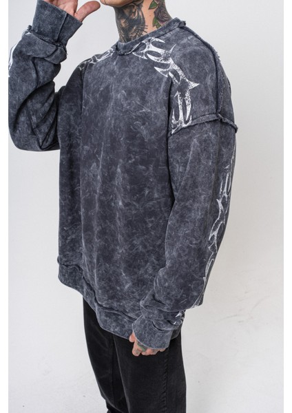 Erkek Origin Baskılı Yıkamalı Bisiklet Yaka Oversize Sweatshirt Siyah fırsatları