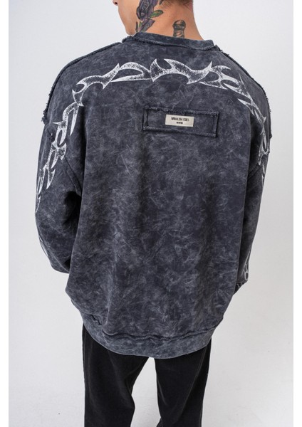 Erkek Origin Baskılı Yıkamalı Bisiklet Yaka Oversize Sweatshirt Siyah indirimleri