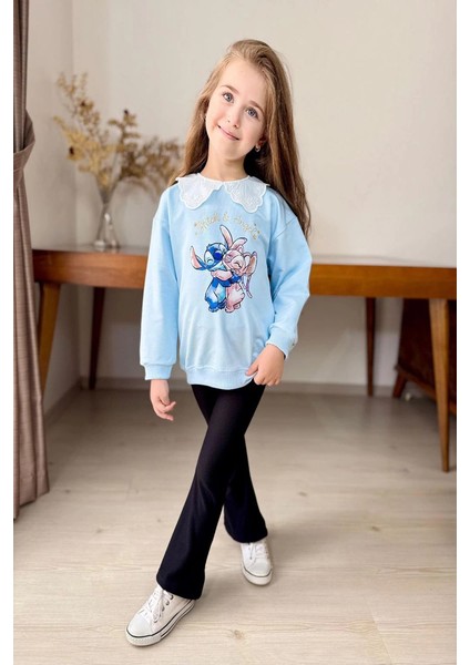 Yaka Detaylı Stitch Desenli Mavi Renk Kız Çocuk Takım