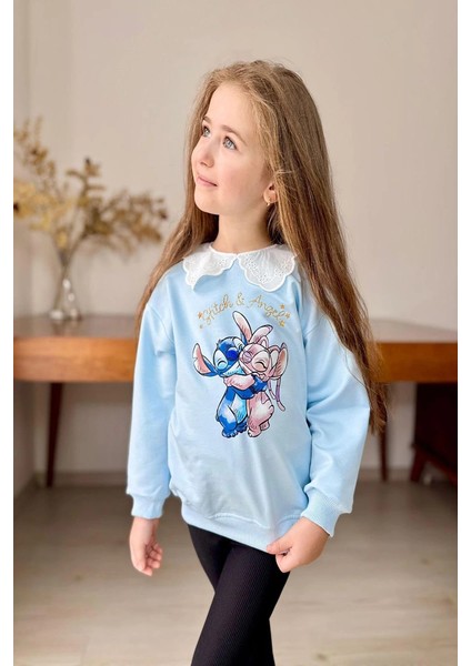 Yaka Detaylı Stitch Desenli Mavi Renk Kız Çocuk Takım fiyatları