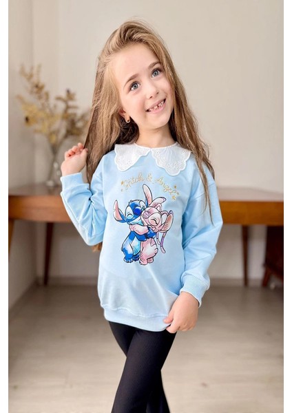 Yaka Detaylı Stitch Desenli Mavi Renk Kız Çocuk Takım modelleri