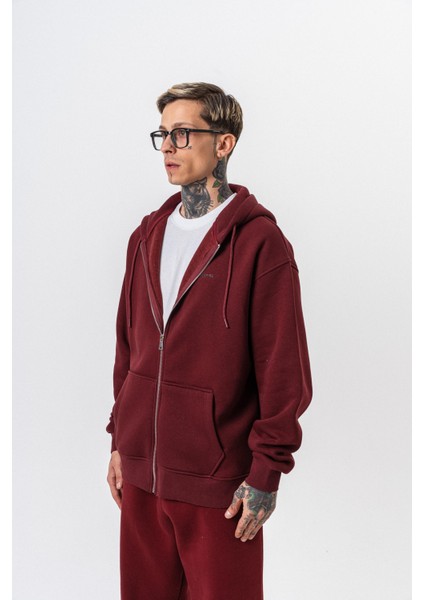 Erkek Respire Yazı Detaylı Kapüşonlu Basic Zip Oversize Hoodie Bordo fiyatları