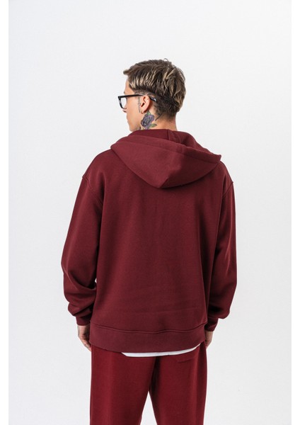 Erkek Respire Yazı Detaylı Kapüşonlu Basic Zip Oversize Hoodie Bordo modelleri