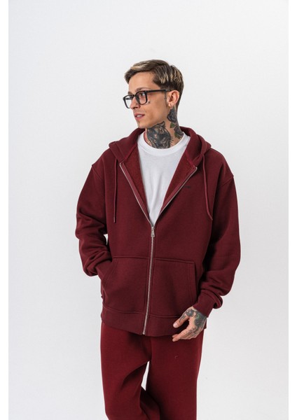 Erkek Respire Yazı Detaylı Kapüşonlu Basic Zip Oversize Hoodie Bordo fırsatları