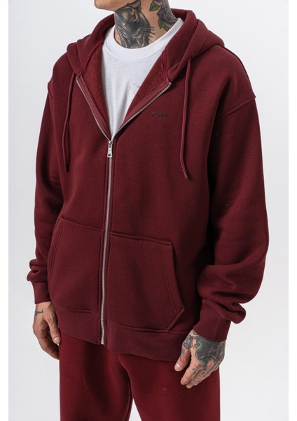 Erkek Respire Yazı Detaylı Kapüşonlu Basic Zip Oversize Hoodie Bordo indirimleri
