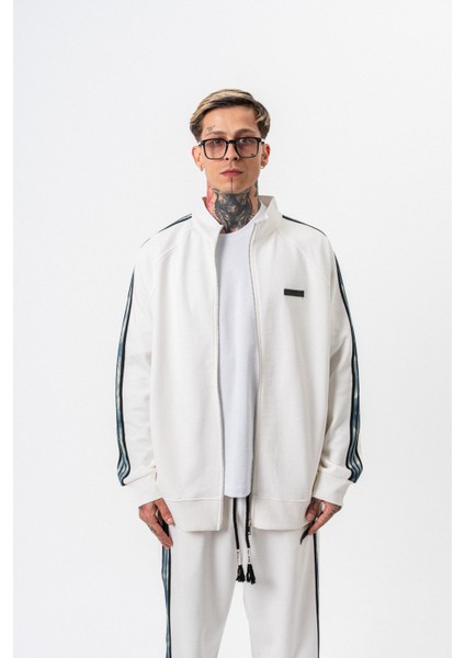 Erkek Dark Striped Şerit Detaylı Dik Yaka Doubleface Zip Oversize Sweatshirt Ekru