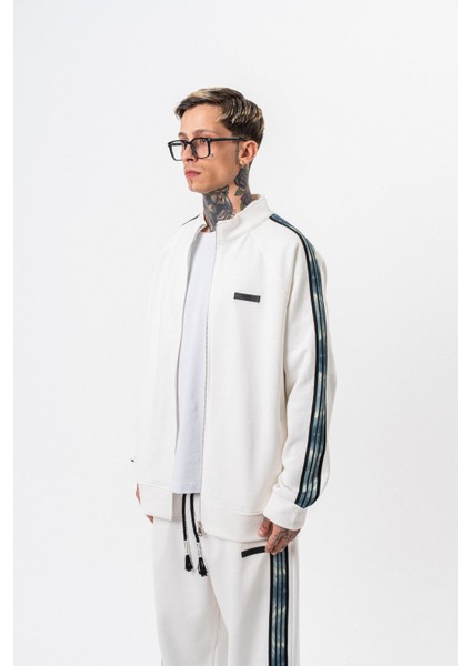 Erkek Dark Striped Şerit Detaylı Dik Yaka Doubleface Zip Oversize Sweatshirt Ekru fiyatları