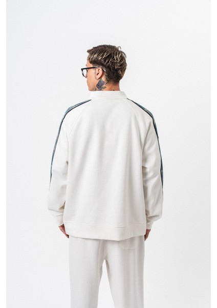 Erkek Dark Striped Şerit Detaylı Dik Yaka Doubleface Zip Oversize Sweatshirt Ekru modelleri