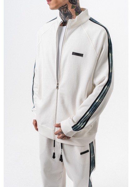 Erkek Dark Striped Şerit Detaylı Dik Yaka Doubleface Zip Oversize Sweatshirt Ekru fırsatları